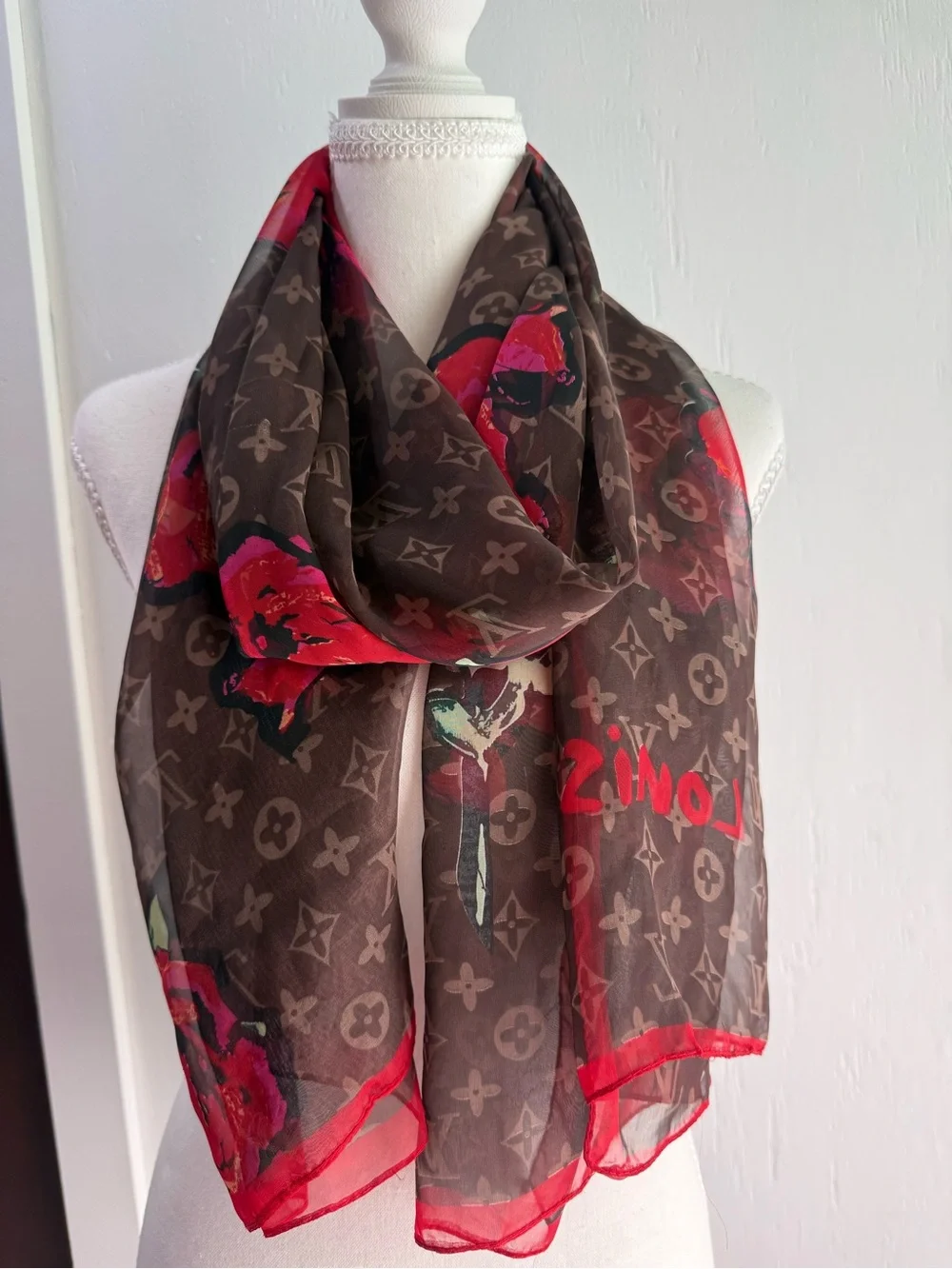 Louis Vuitton Brown Scarf with Red Rose Print